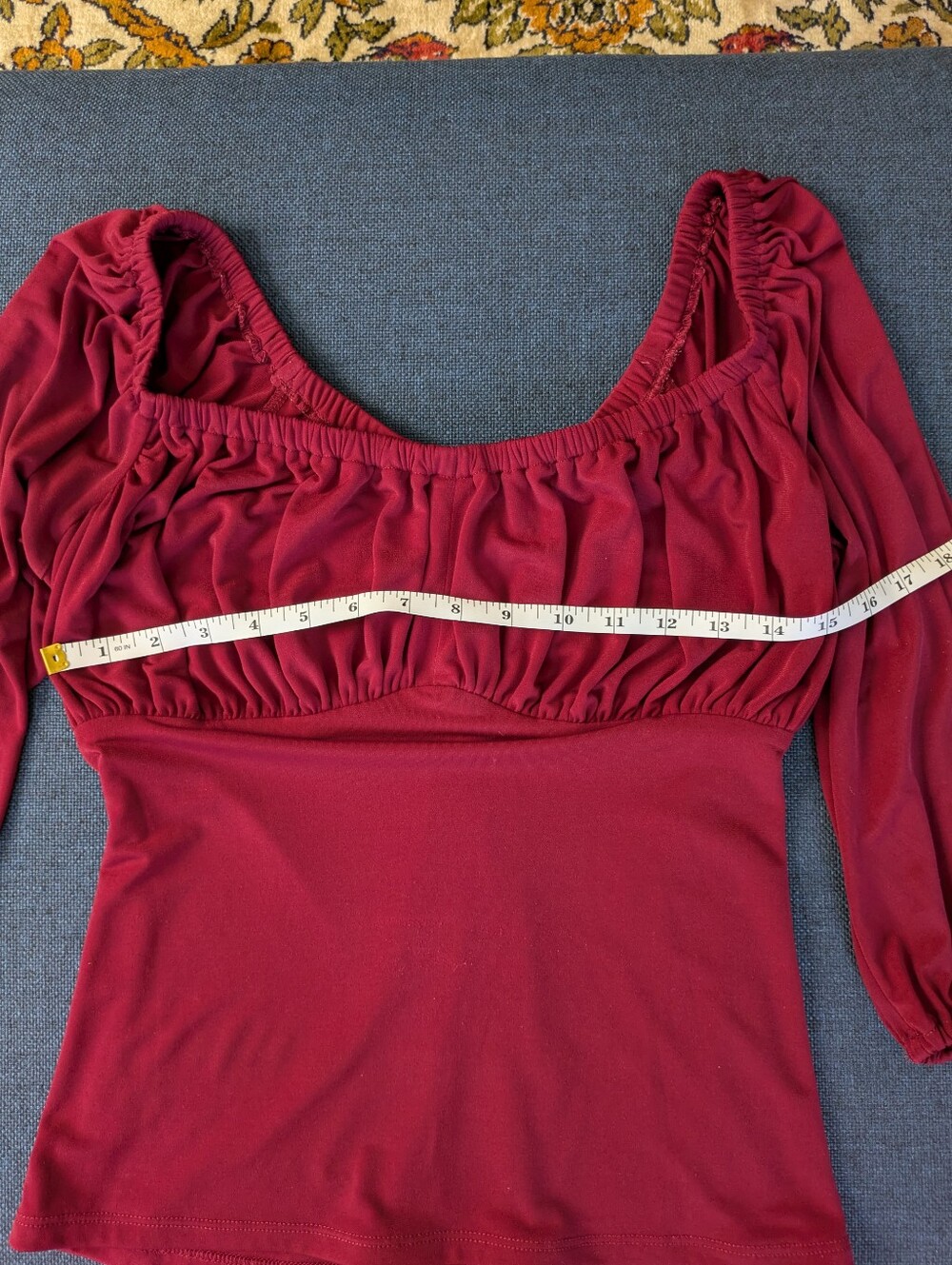 Vixen by Micheline Pitt Vacation Blouse in Dark Red Rose Ruched Peasant Top - Picture 7 of 8